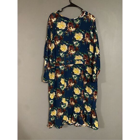 JUST FAB Long Sleeve Floral Print Blue A Line Rayon High Neck Dress 2X - Picture 1 of 10